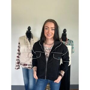 Dakota Woman's Black Corduroy Crop Jacket Turquoise Snap Pockets Size XS